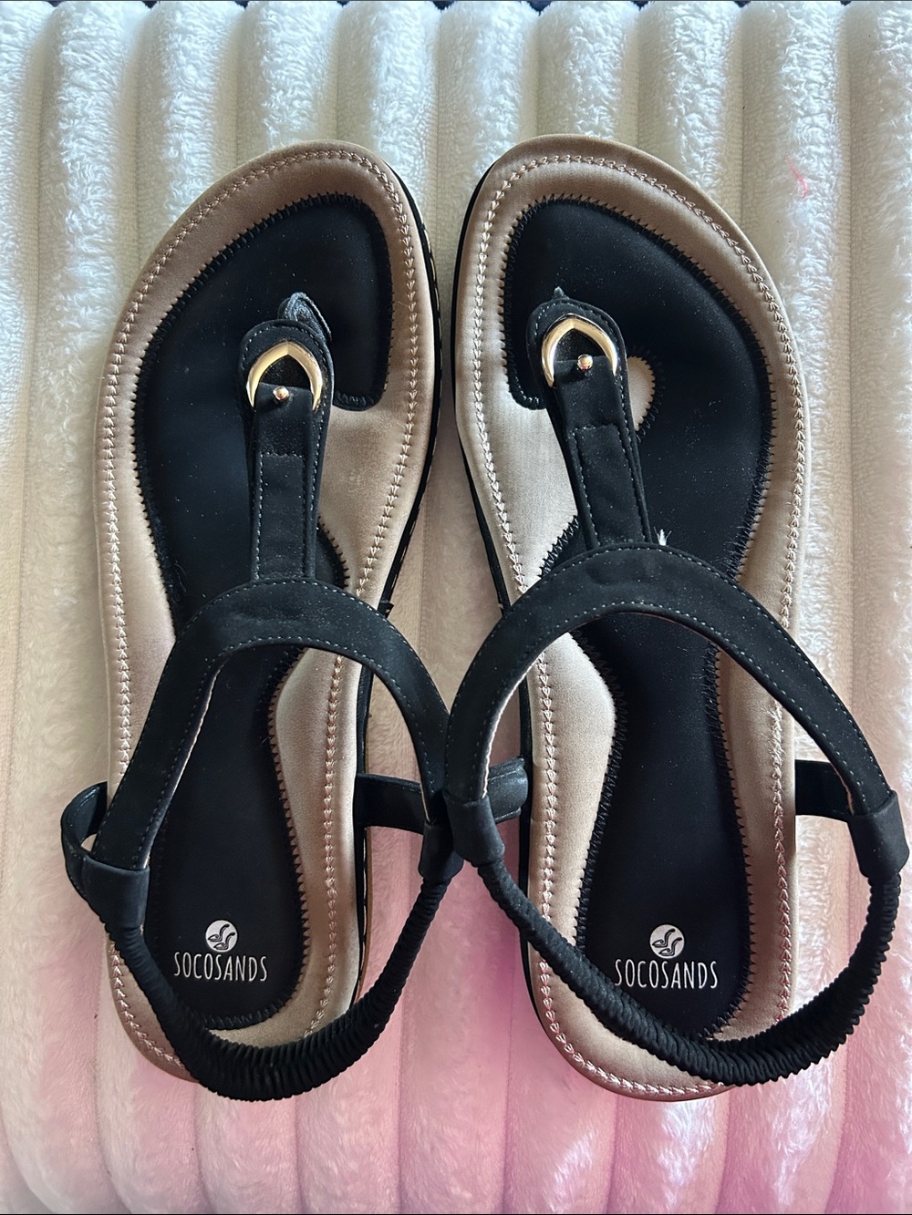 Black and Gold T-Strap Women's Sandals